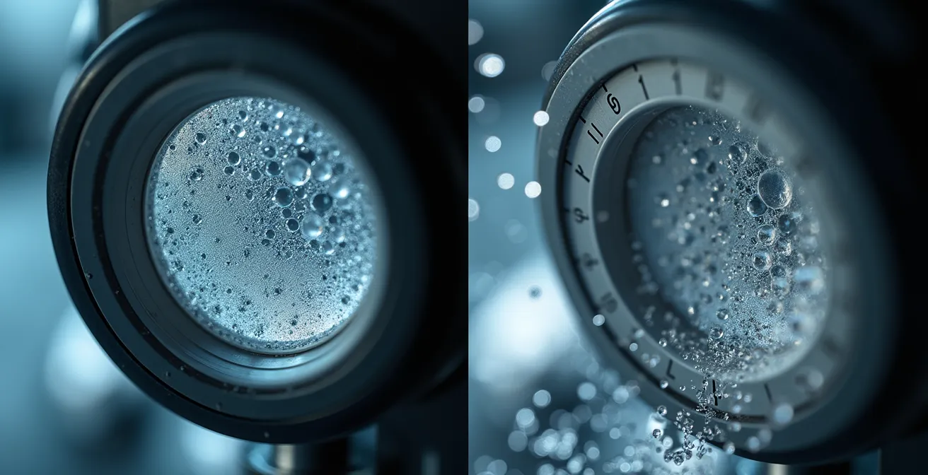 Extreme macro shot of microscopic air bubbles being compressed in clear resin under pressure