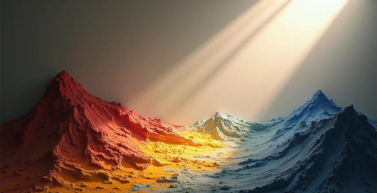 Side view showing how angled light creates dramatic shadows across thick paint texture on a wall-mounted canvas