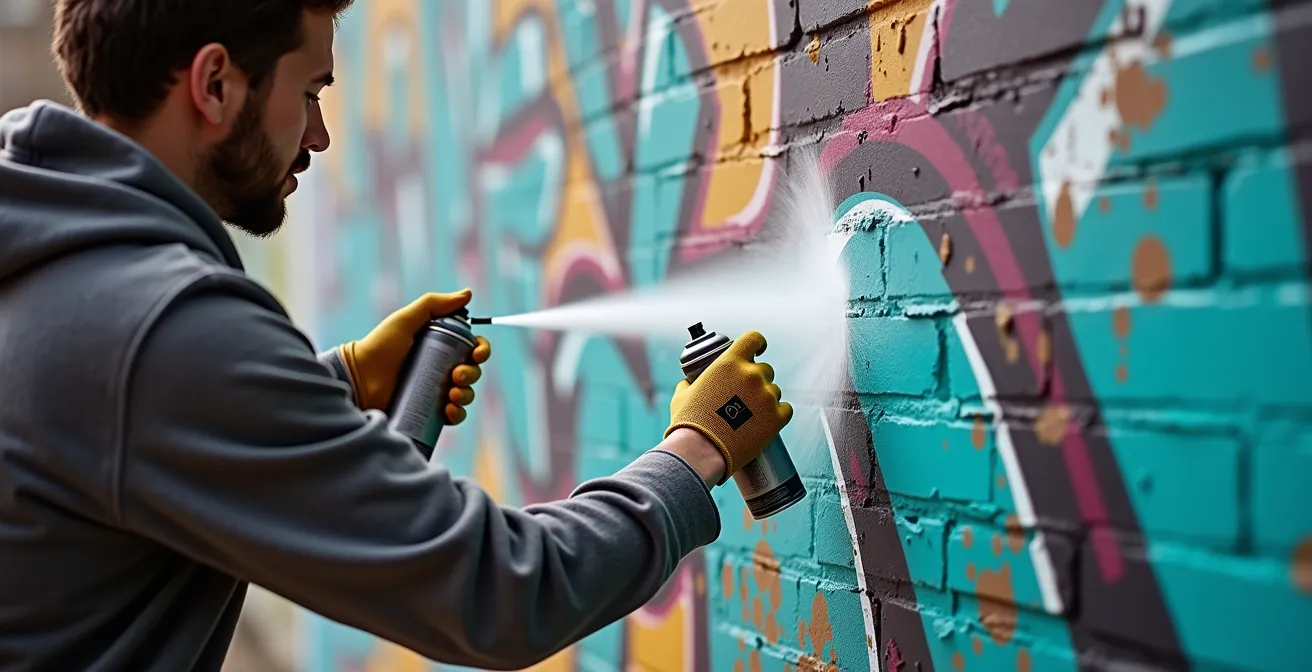 Time-lapse style capture of artist applying three stencil layers in rapid succession