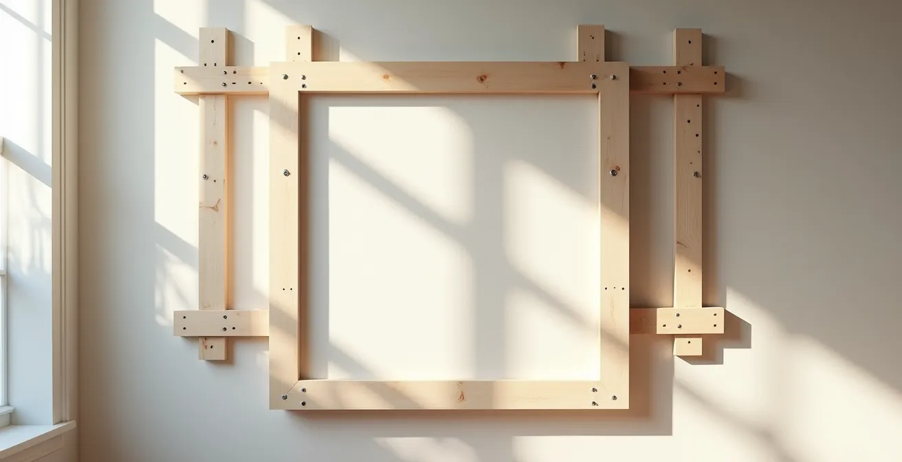 Canvas reinforcement system showing back-bracing structure for supporting heavy mixed media elements