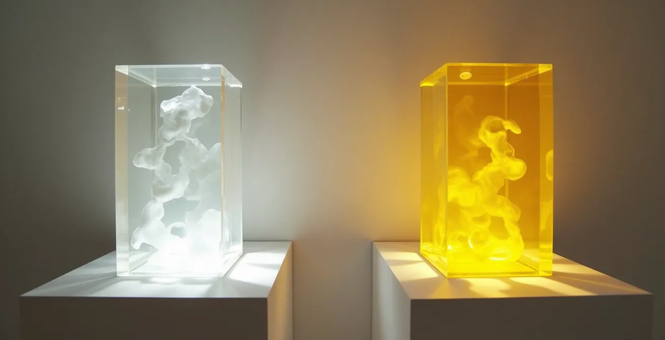 Side-by-side comparison of clear resin samples showing yellowing progression over time