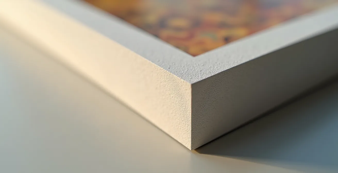 Close-up view of professionally framed gouache painting with visible spacers creating shadow box effect