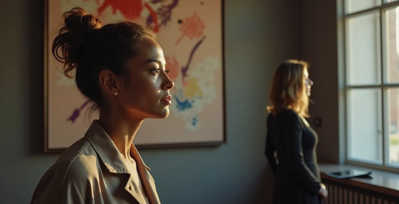 Art collector thoughtfully examining artwork away from digital devices in contemplative gallery setting