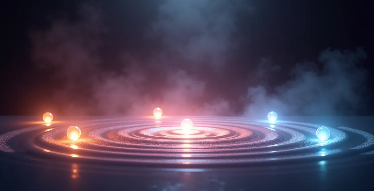 360-degree sound wave patterns emanating from multiple sources in virtual space