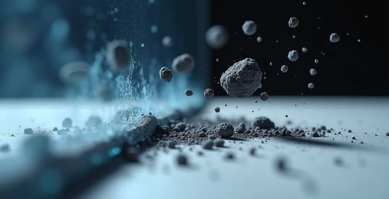 Extreme macro view of charcoal particles lifting from paper surface due to static charge