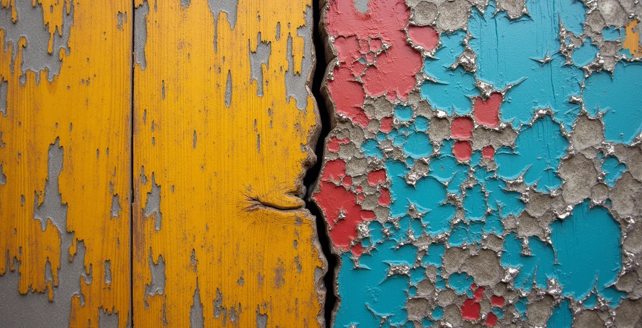 Abstract composition showing the tension between organic wood grain and synthetic paint layers