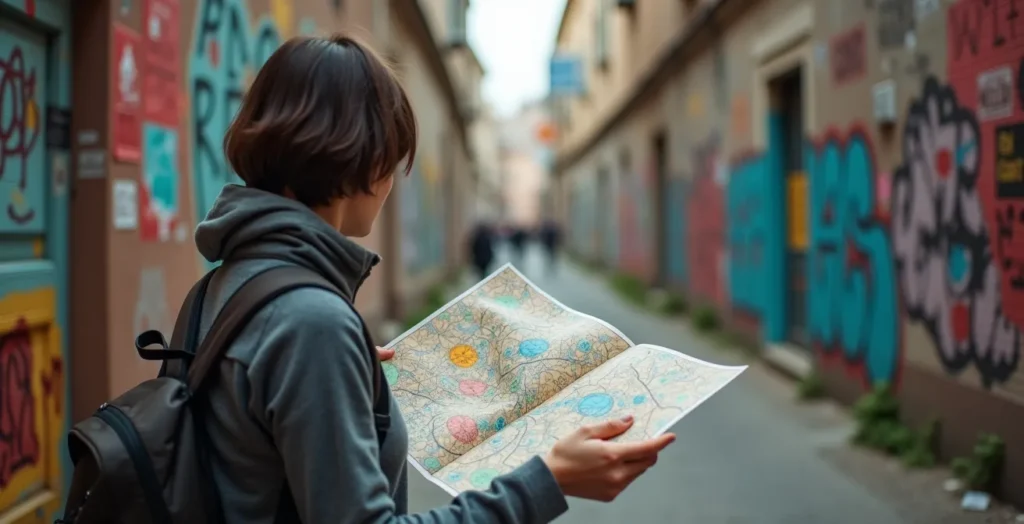 Person holding a vintage paper map while standing before colorful street murals in an urban alley.